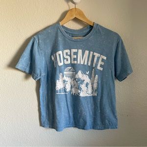 Blue Yosemite Graphic T-Shirt Cropped Boxy Short Sleeve Blue Stone Wash Retro L
